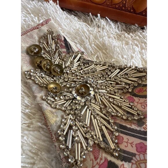 Badgley Mischka Y2K Vintage silk dress one shoulder paisley gown sz 2 cream gold - Picture 2 of 11